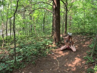 Public, MILF- Solo wolf cosplay in the woods by busy highway