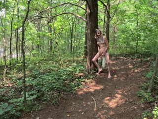 Public, MILF- Solo wolf cosplay in the woods by busy highway