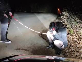 Piss Whore in dog collar receives golden shower and hot cum in her mouth in a public road interrupte