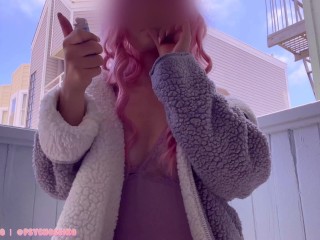 Exhibitionist neighbor catches you spying on her smoking & invites you to make her cum on her porch!