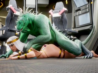 green furry dragon with a double thin dick entered the spaceship and fucked the beauty in all holes