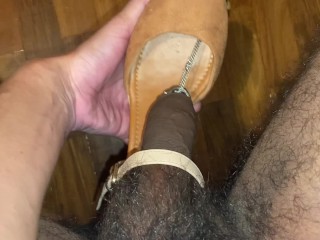 Masturbating with a few different shoes with 8mm pierced cock chained to a lock