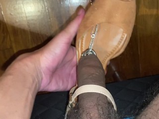 Masturbating with a few different shoes with 8mm pierced cock chained to a lock