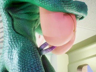 Tatyana visiting green furry dragon with a double thin dick gets a big creampie all over her body