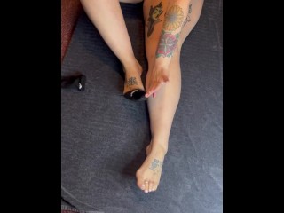 BBW stepmom MILF in ankle socks oils up long legs toes wrinkly soles and puts on fishnets your POV