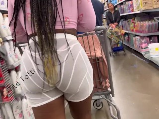 Girl With See Through Shorts and a Pink Thong at the Grocery Store