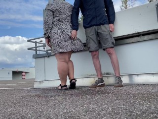 Mother in law spreads her legs wide to pee in the parking lot and hold my cock when I pee