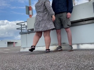 Mother in law spreads her legs wide to pee in the parking lot and hold my cock when I pee