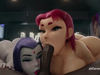 Starfire And Raven Suck Huge Cock