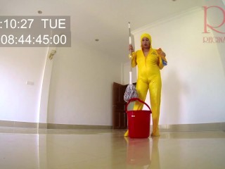 Naked maid cleans office space. Maid without panties. Hall c1