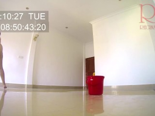 Naked maid cleans office space. Maid without panties. Hall c1