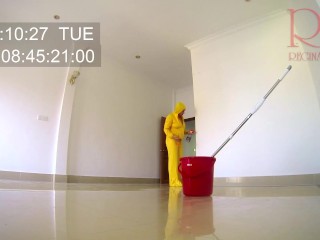 Naked maid cleans office space. Maid without panties. Hall c1