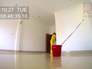 Naked maid cleans office space. Maid without panties. Hall c1