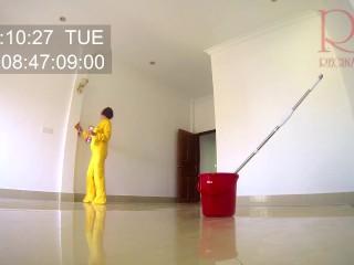 Naked maid cleans office space. Maid without panties. Hall c1