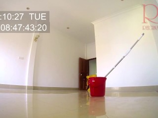 Naked maid cleans office space. Maid without panties. Hall c1