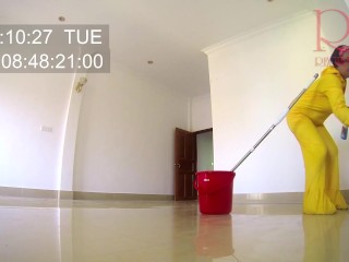 Naked maid cleans office space. Maid without panties. Hall c1