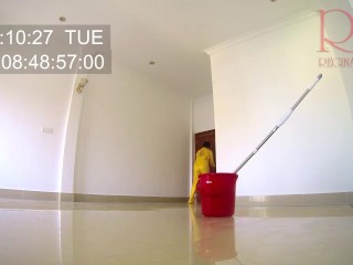Naked maid cleans office space. Maid without panties. Hall c1