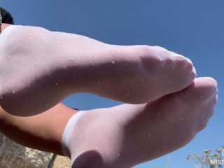 Mistress Foot Tease In Cute Sheer White Nylon Socks Outdoor