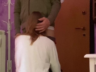 Cheating wife gets fucked by delivery man. Blowjob, doggy style and cumshot inside - 1