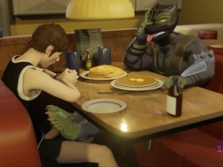 Denny's under the table footjob - 3D furry animation
