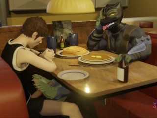 Denny's under the table footjob - 3D furry animation