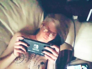 Nerdy Tattooed Teen Trans Guy in Glasses Lets You Cum On His Pierced Tits Without Pausing His Game