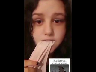 Girl eats her own panties then masterbates outside