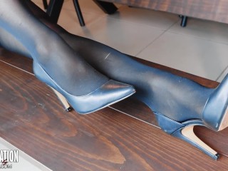 The hottest black stilettos in thig high pantyhose wants your cock hard