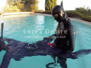 Rubber doll fucked in the pool Latex Rubber Strapon Asian