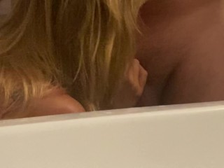 Slutty wife holiday. husband in the pool, she blows the lifeguard in hotel. Handjob massive cumshot