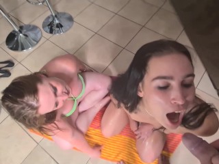 Two girls piss swap and swallow. Point of view. Two rounds of piss