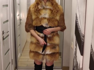 Sexy babe in black high heels and luxury fur coat riding hard cock! Cum in tight pussy