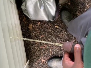 My neighbor is home early So i Couldnt Fuck his Wife! So i pissed on his Shed instead😁Almost Caught