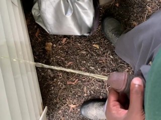 My neighbor is home early So i Couldnt Fuck his Wife! So i pissed on his Shed instead😁Almost Caught