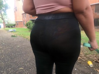 See through leggings flower panties walking dog