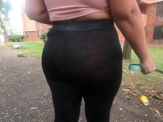 See through leggings flower panties walking dog