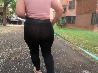 See through leggings flower panties walking dog