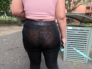 See through leggings flower panties walking dog