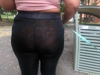 See through leggings flower panties walking dog