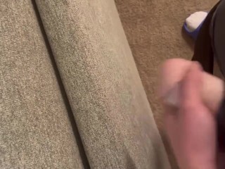 CUMMING ON THE FLOOR BEHIND THE COUCH WHILE MY GF IS JERKING OFF | CUM SHOT | (FTM)