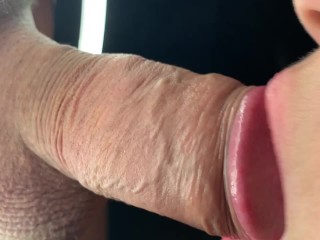 I suck a veiny cock through the center of a ring light - he blows a huge load on my face !