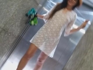 Transparent dress and NO PANTIES in Lift and on Hotel Corridors