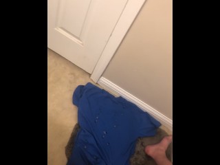 Huge Cumshot hits the wall in bathroom! Legs shaking as 14 ropes of cum EXPLODE!