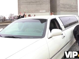 VIP4K. Sexy bride in white dress moans loudly being fucked in the wedding limo