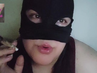 Masked chubby smokes in bed