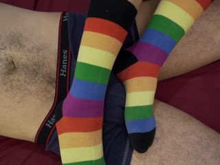 Wearing my cum-filled rainbow sock after sockjob makes him cum hard into it