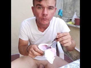 I eat a yoghurt playing with my cock