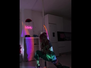 Twerk and pole dance Redhair student with big ass