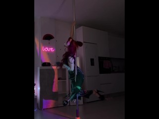 Twerk and pole dance Redhair student with big ass