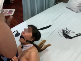 BDSM - Blindfolded Playboy bunny maid GOT tease with whips n face fucked hard till cum on her face